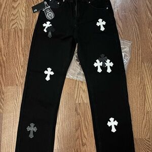 Chrome Hearts Black Jeans with White Cross Patches